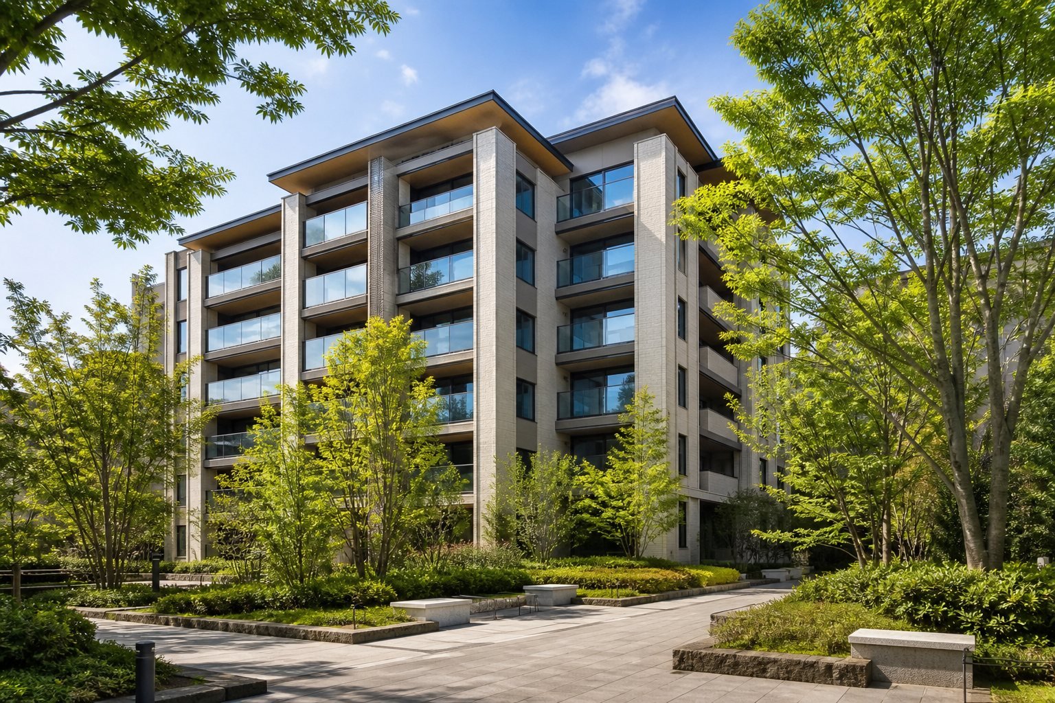 都市の緑を望む新築マンションの外観イメージ