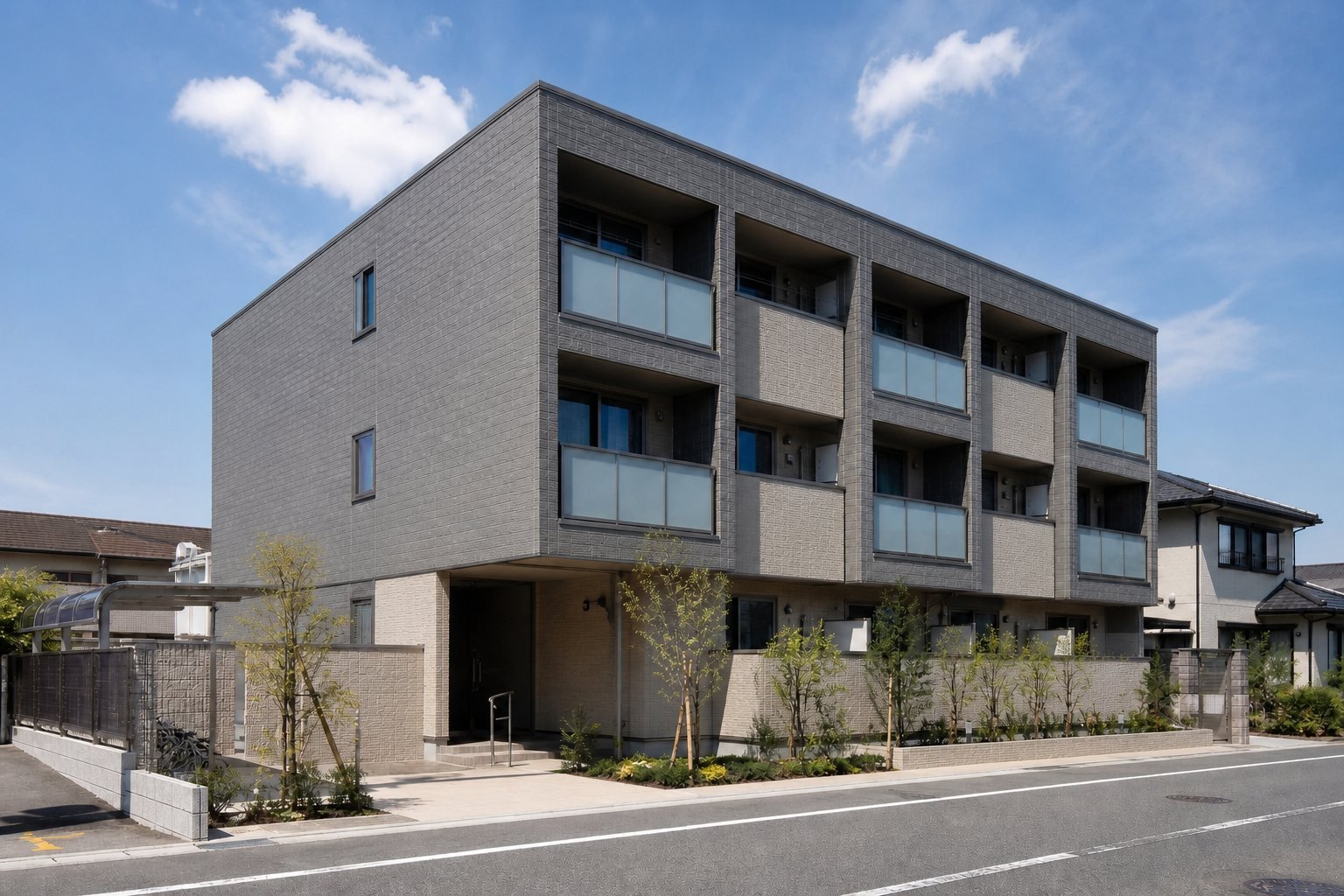 植栽のある落ち着いた賃貸マンションの外観